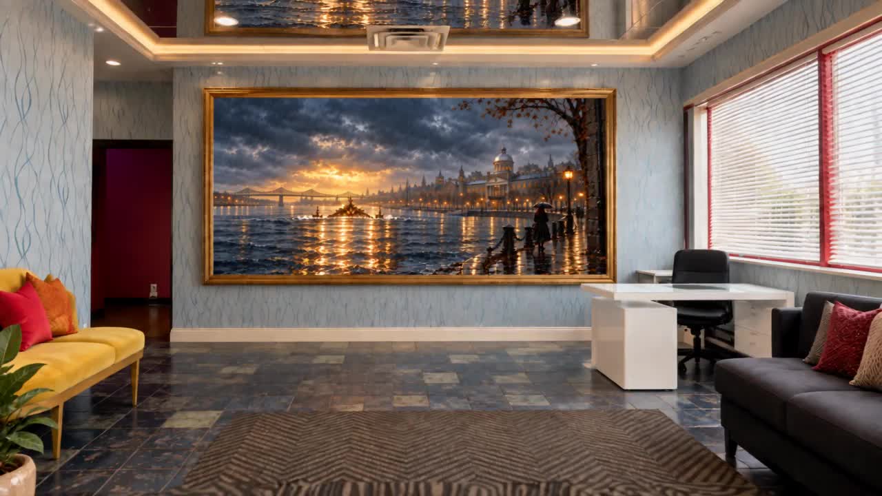 Reception room with a painting of rainy Montréal