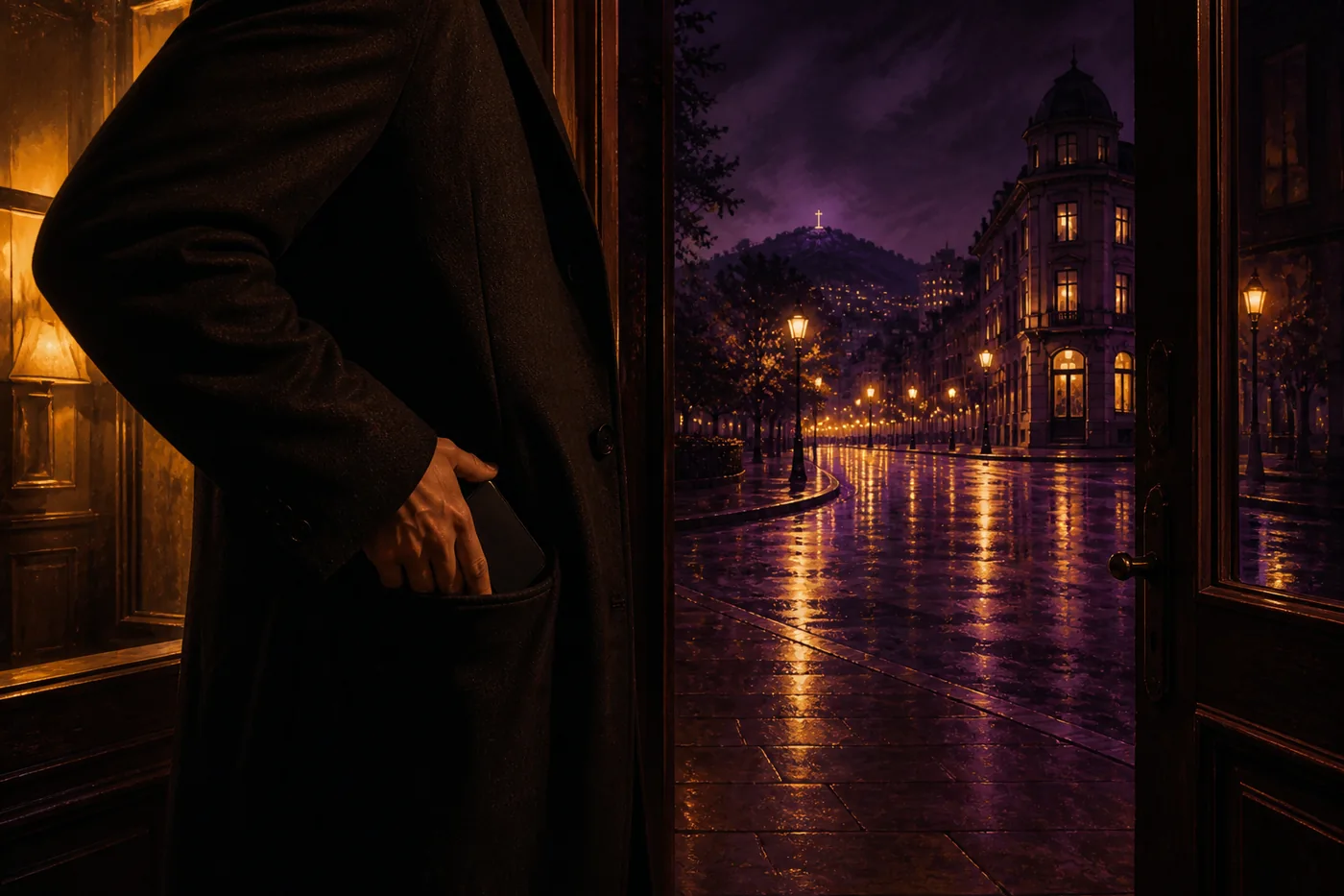 A person slips a phone into a coat pocket beside an open doorway leading into the Montreal night.