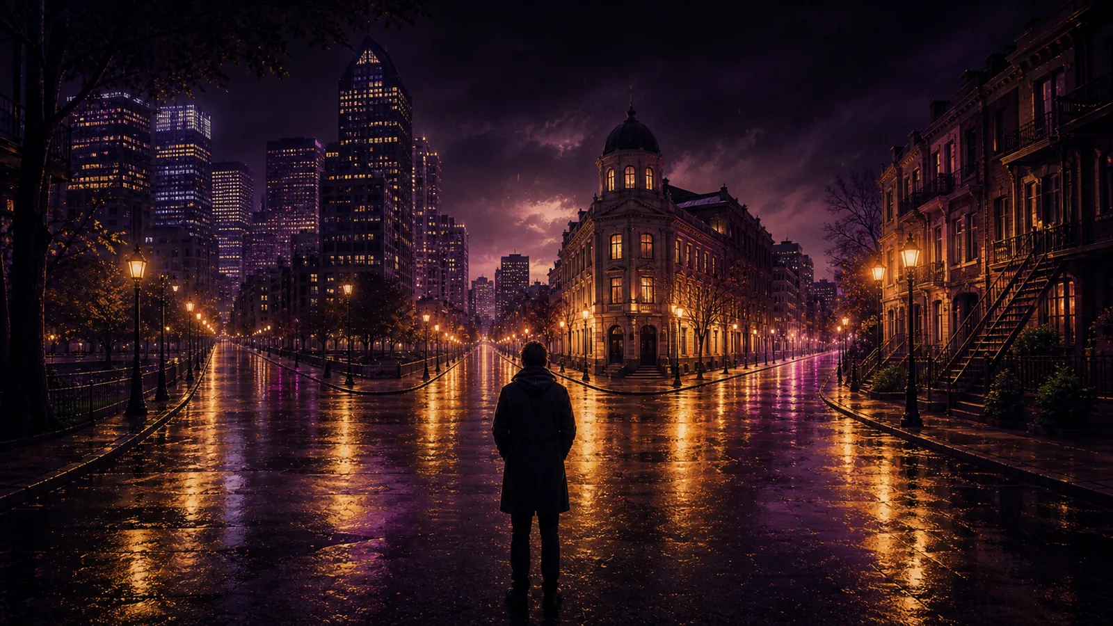 At a Montreal intersection at night, one person faces three streets with distinct downtown, Old Montreal and Plateau moods.