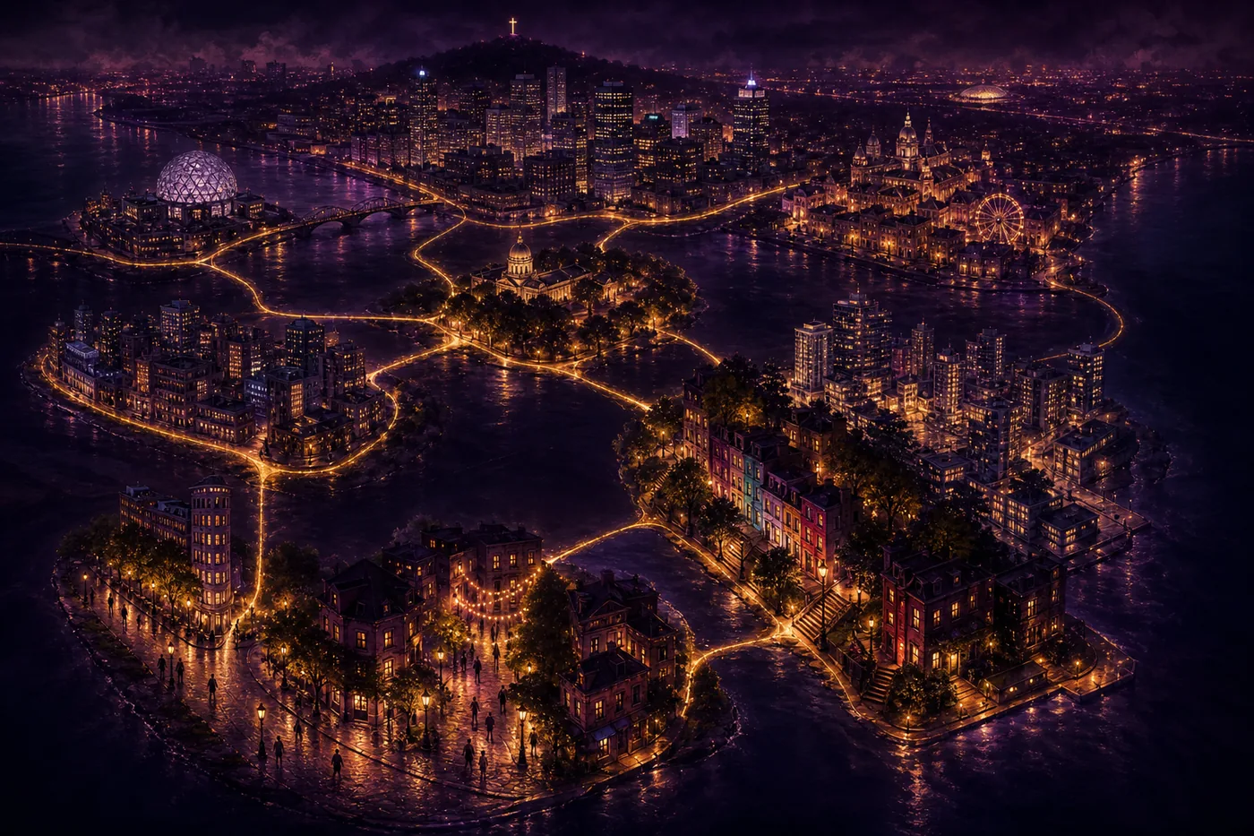 Several Montreal neighborhoods glow with different textures while thin golden routes connect them across the night.