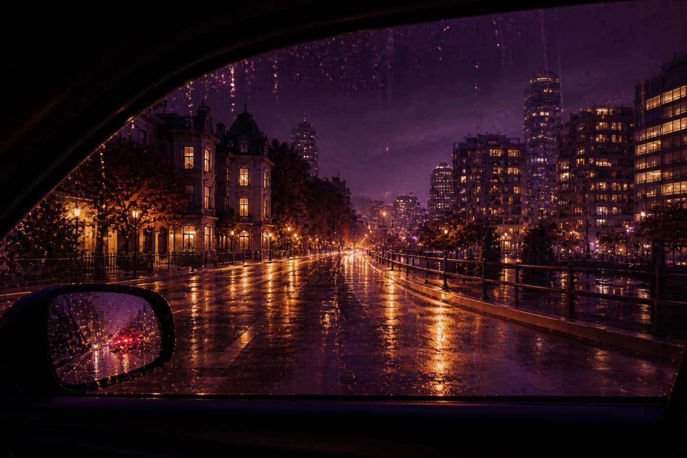 Rain beads on a car window as Montreal homes and city towers pass along a warmly lit night road.