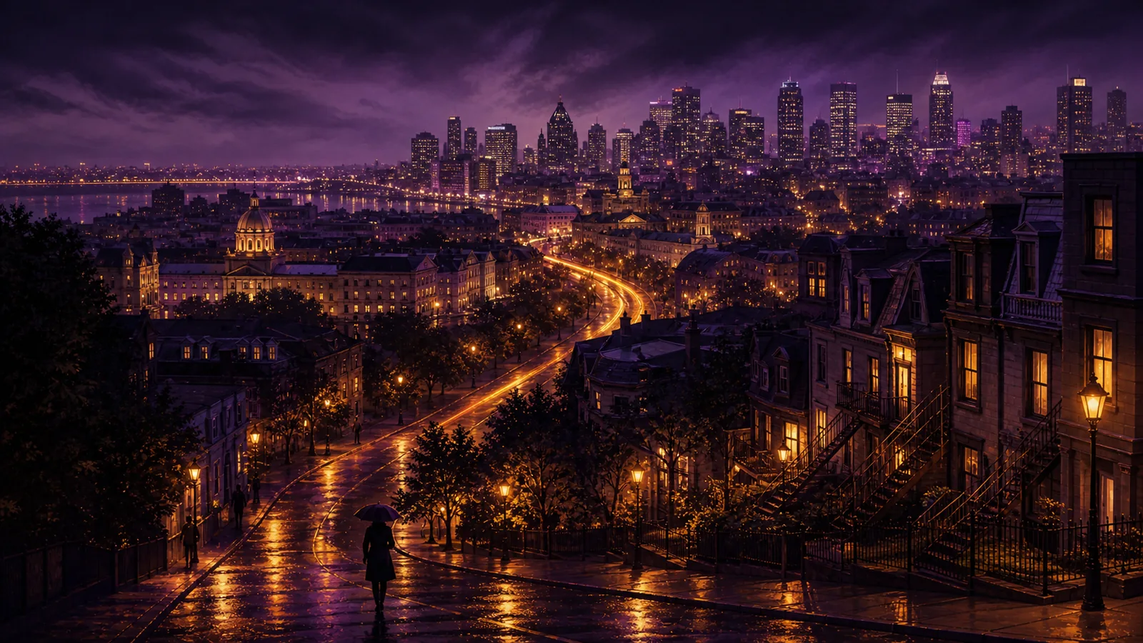 A golden-lit avenue crosses a wide illustrated Montreal panorama, linking old stone buildings with downtown towers.