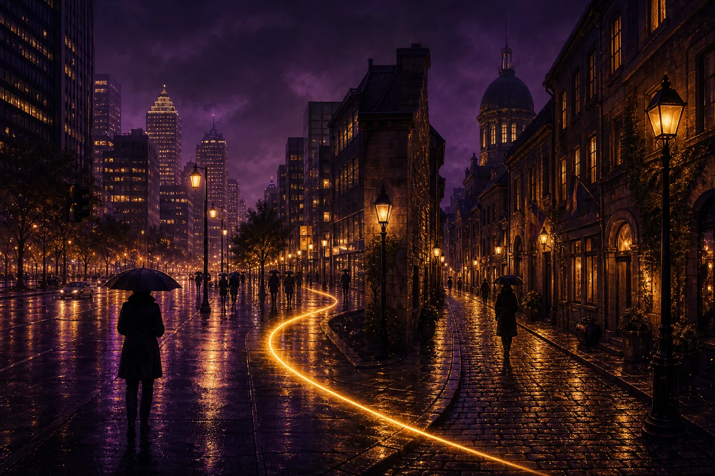 A straight downtown avenue gradually becomes a lantern-lit cobblestone street in Old Montreal.