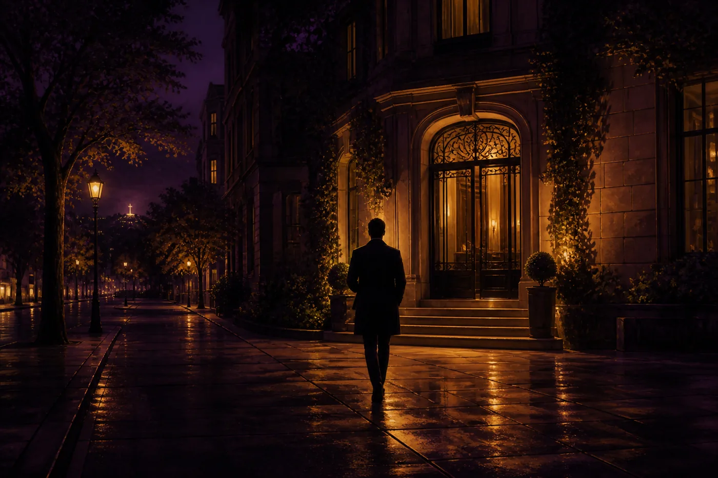An adult silhouette follows a short golden-lit route from a quiet Montreal curb toward a warmly lit entrance.