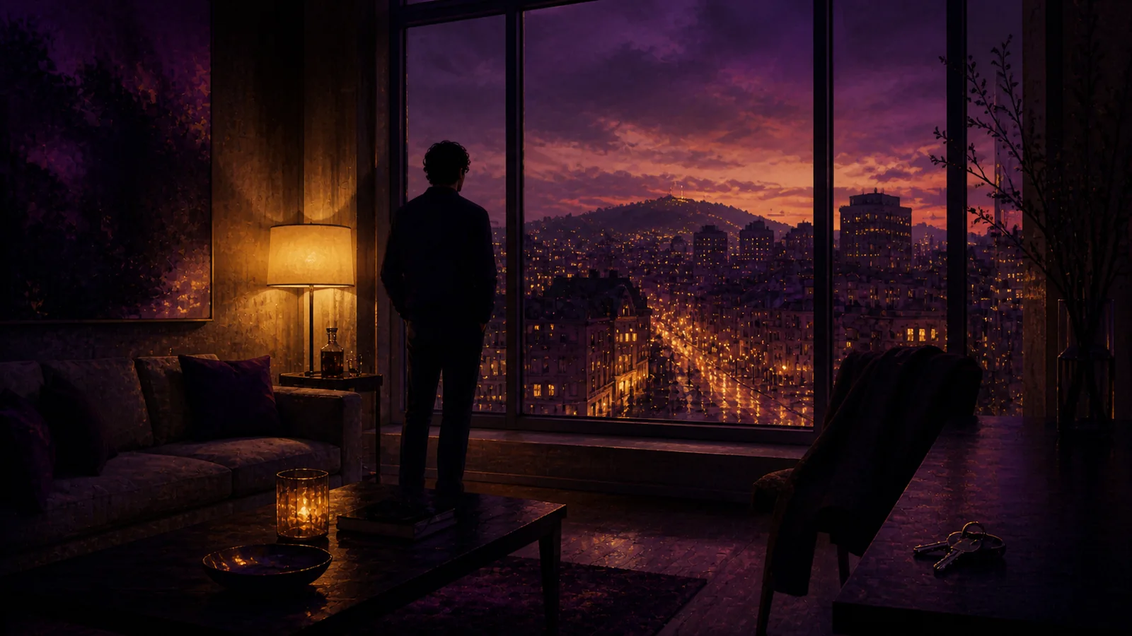 A person pauses beside a Montreal window at dusk as a coat, keys and warm city lights set the evening’s mood.