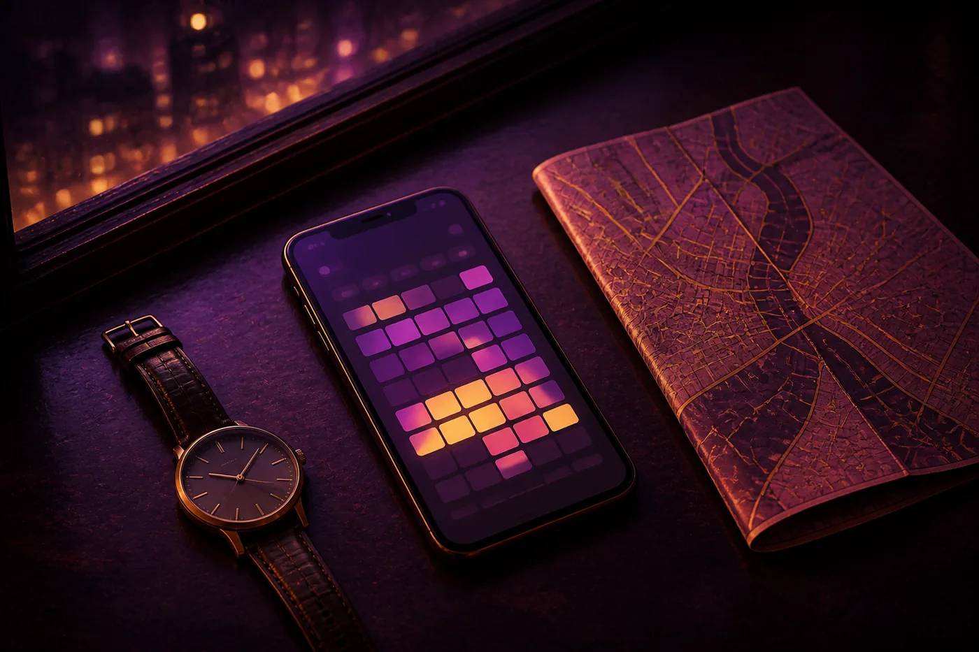 A phone with an abstract availability grid rests beside a watch and a folded Montreal map on a plum table.