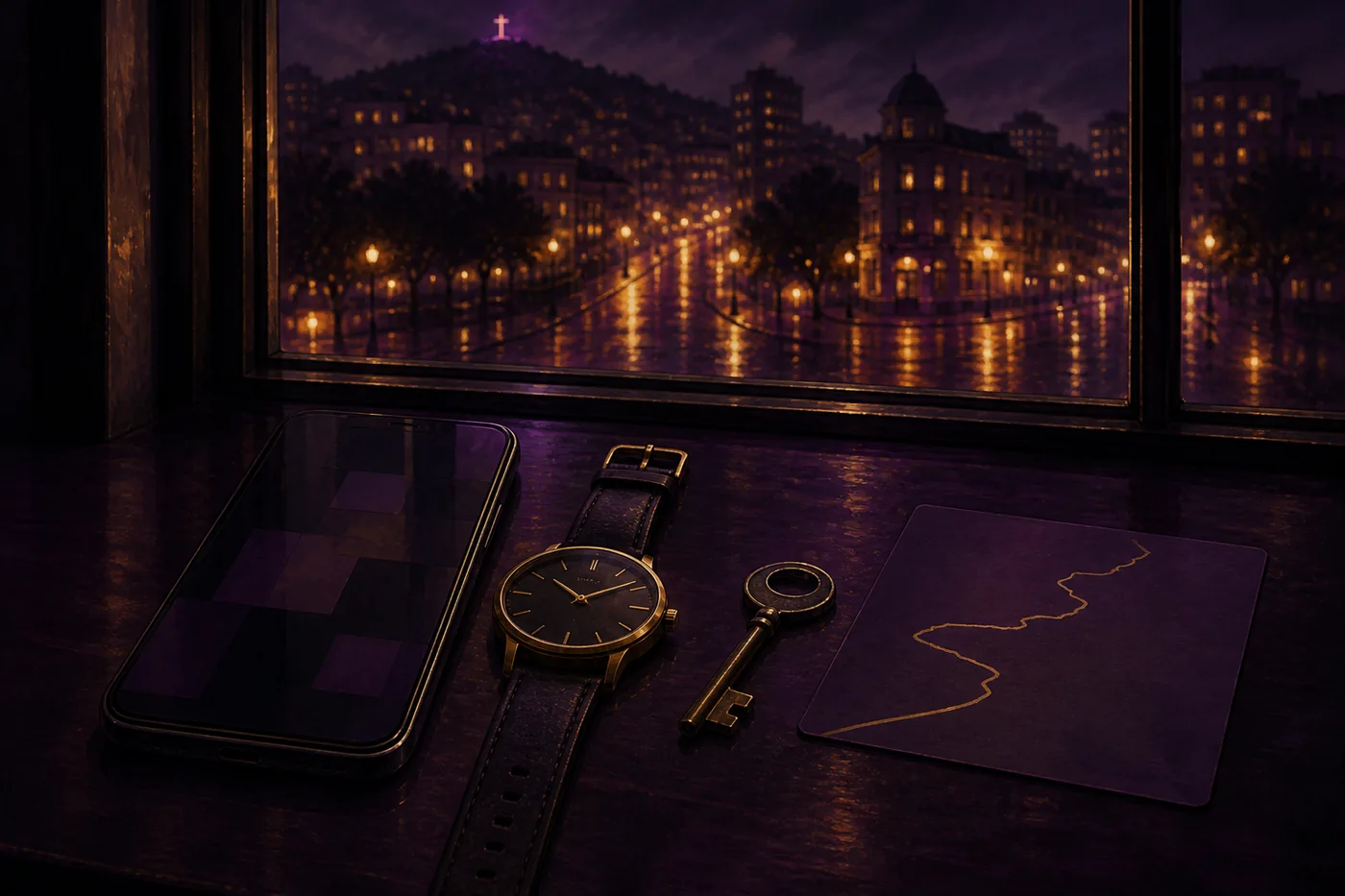 A phone, watch, key and simple route card are aligned neatly on a dark table beside Montreal city lights.