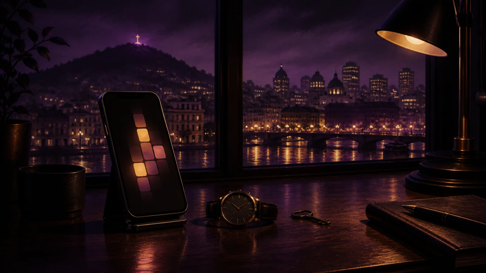 A phone with simple glowing time blocks rests beside a watch at a window overlooking Montreal after dark.