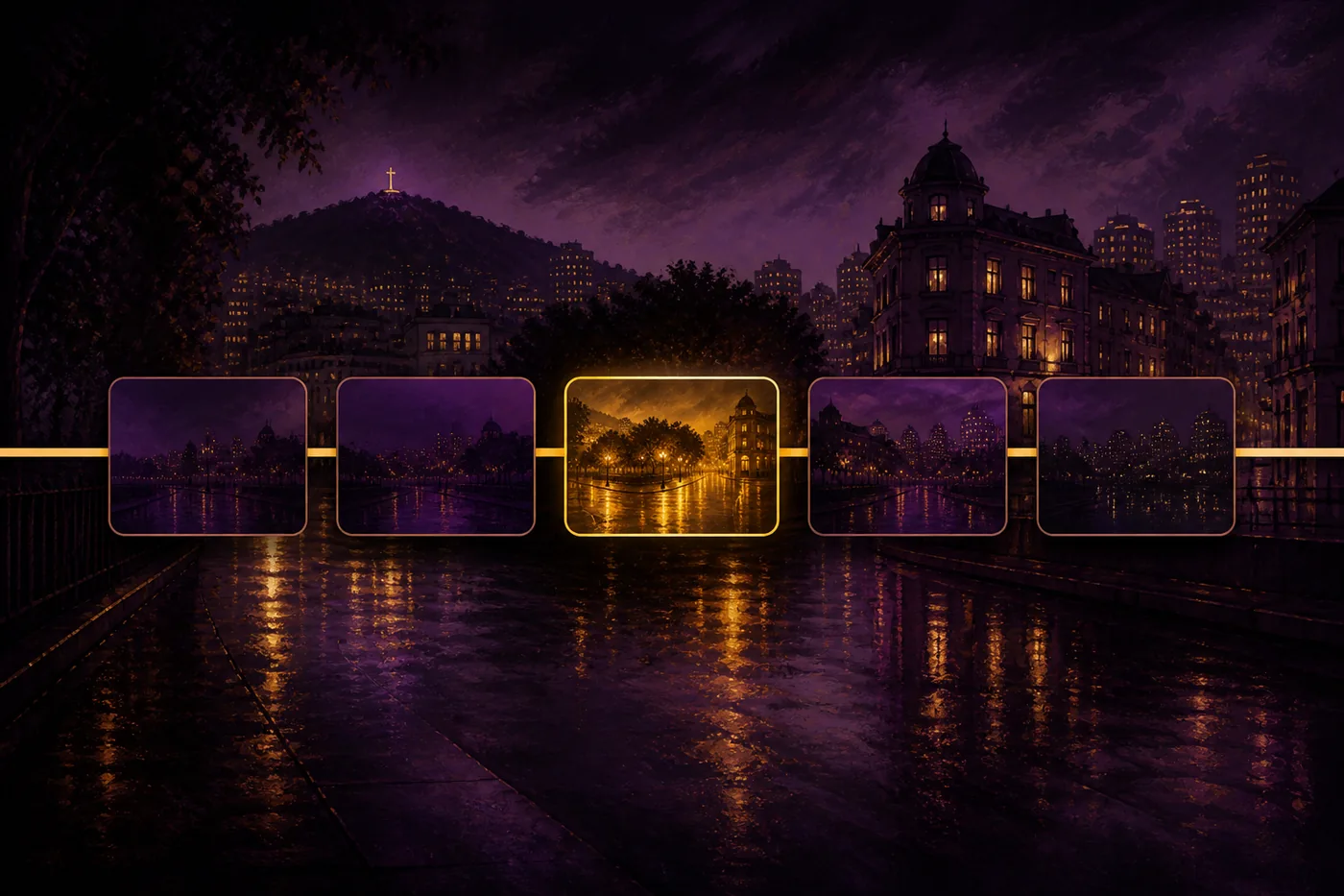 A single golden time window glows between violet blocks on a stylized timeline of a Montreal evening.