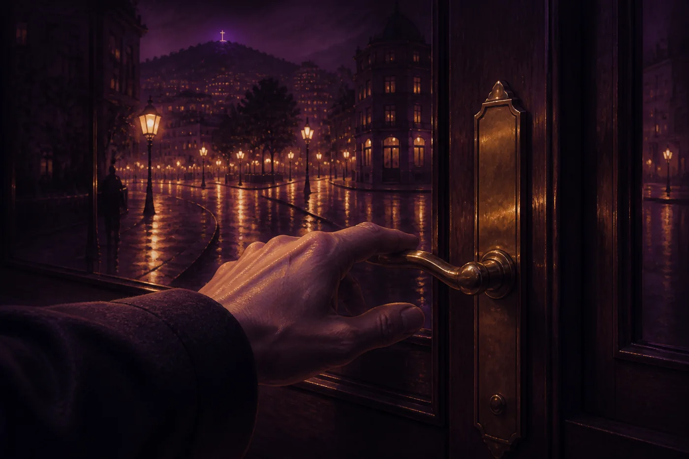 Une main atteint une poignée de porte en laiton tandis que Montréal au clair de lune se reflète dans la vitre.