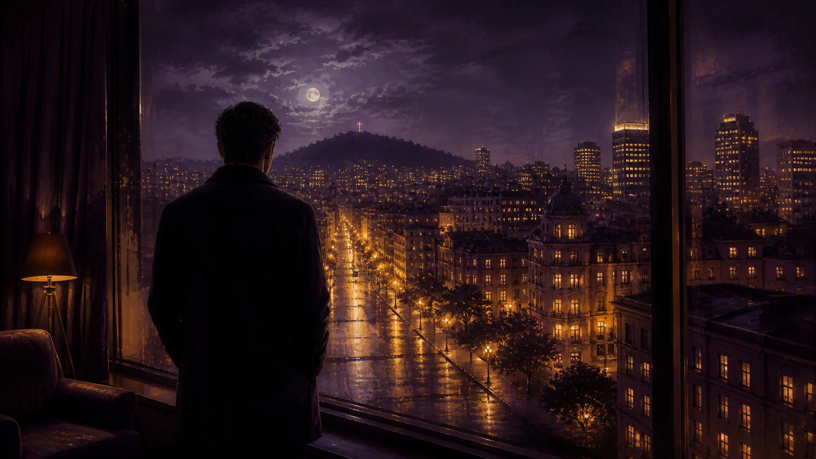 Une personne se tient devant la fenêtre d’un hôtel montréalais tandis que la lune et les lumières de la ville dessinent un chemin doré dans la vitre.