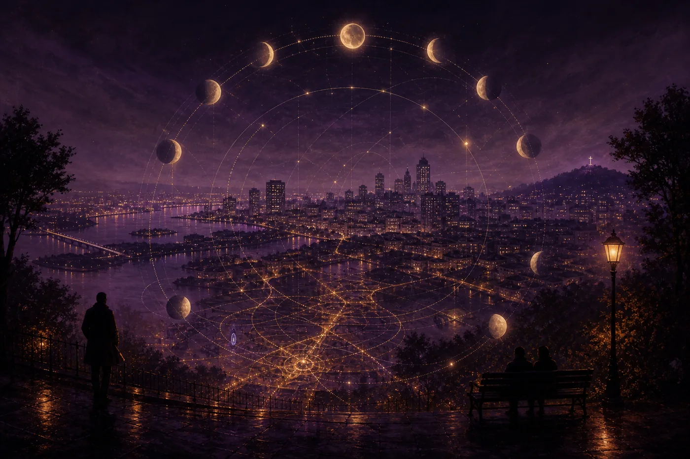 Un cadran lumineux composé de phases lunaires et de lumières urbaines flotte au-dessus d’une carte abstraite de Montréal.