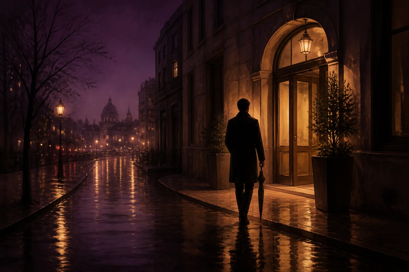 A person arrives at a warmly lit doorway on a calm Montreal street after rain.