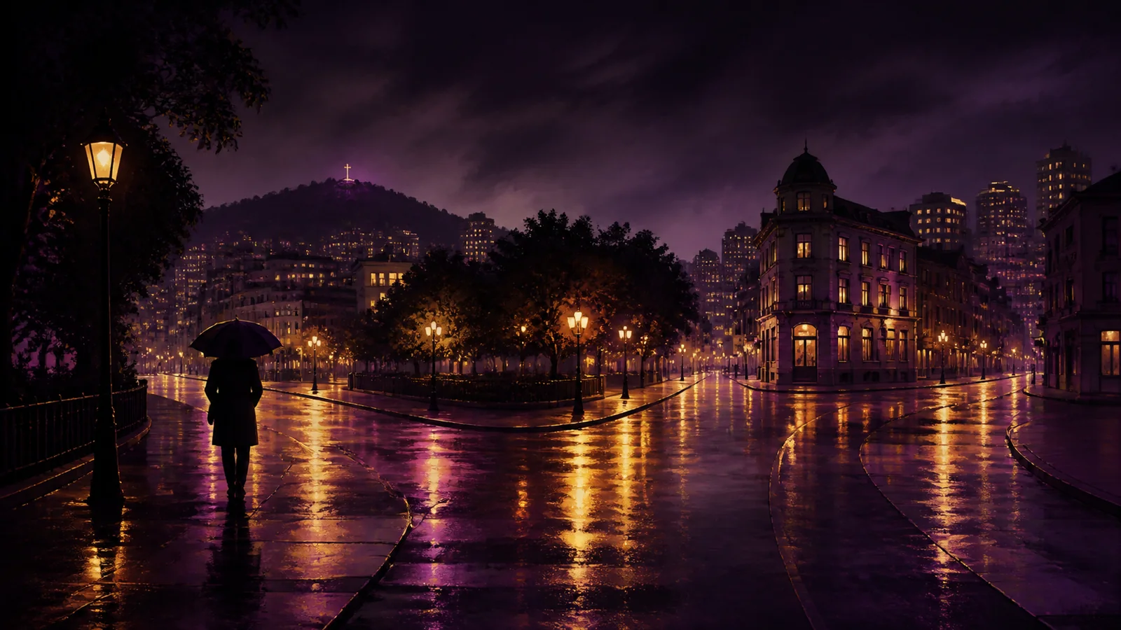 Rain-lit Montreal streets divide around a quiet plaza as a person walks beneath an umbrella.