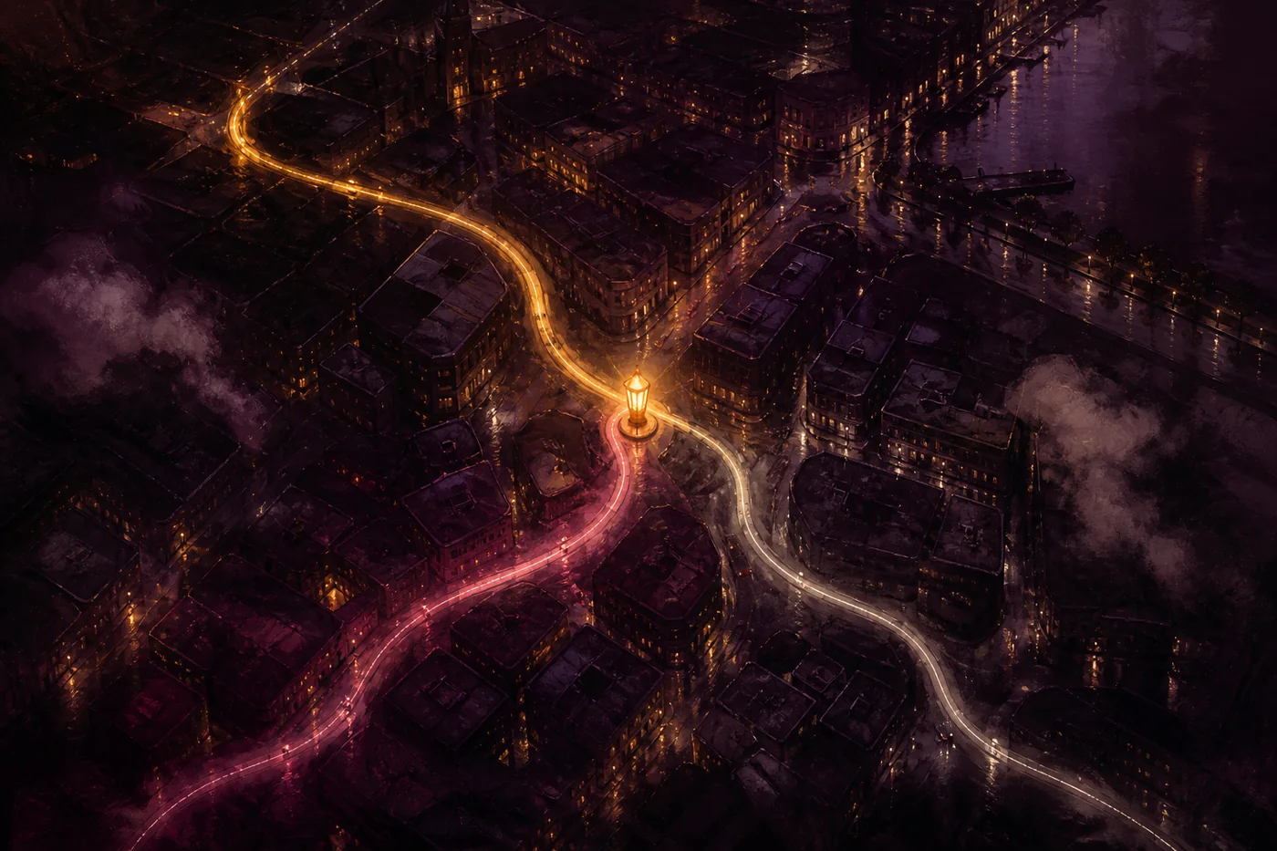 Three luminous routes curve through a dark Montreal cityscape toward a steady golden light.
