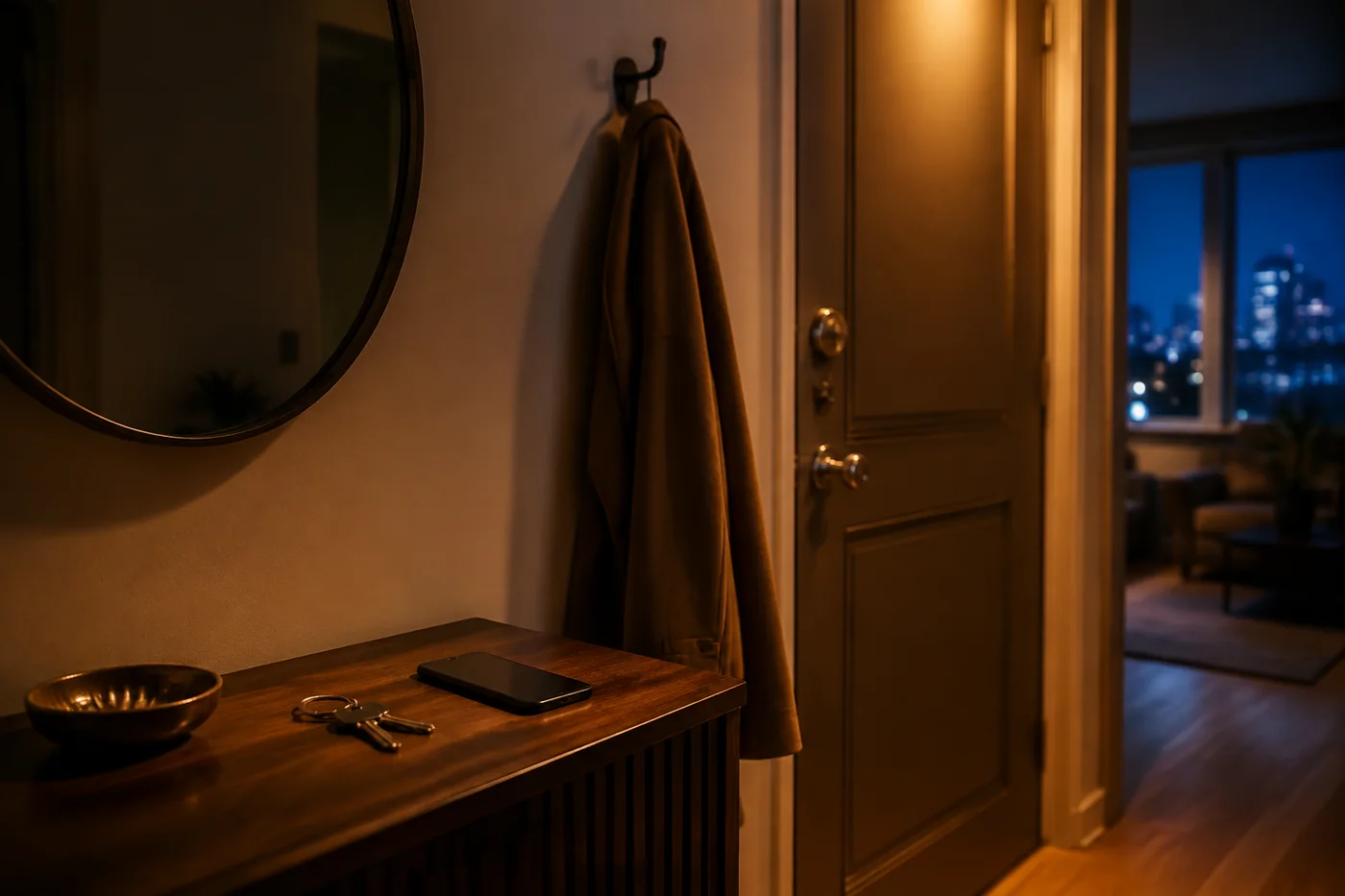 Un téléphone et des clés reposent sur une console près d’une porte ouverte, avec les lumières de Montréal au loin.