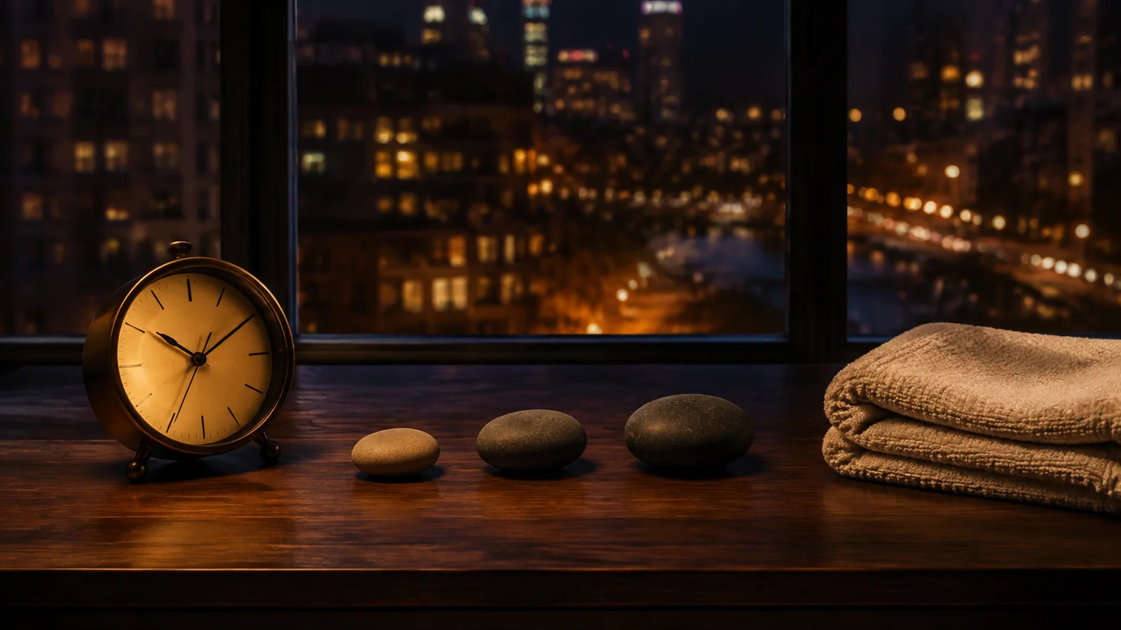 Une horloge, trois pierres lisses et des serviettes pliées près d’une fenêtre donnant sur Montréal la nuit.