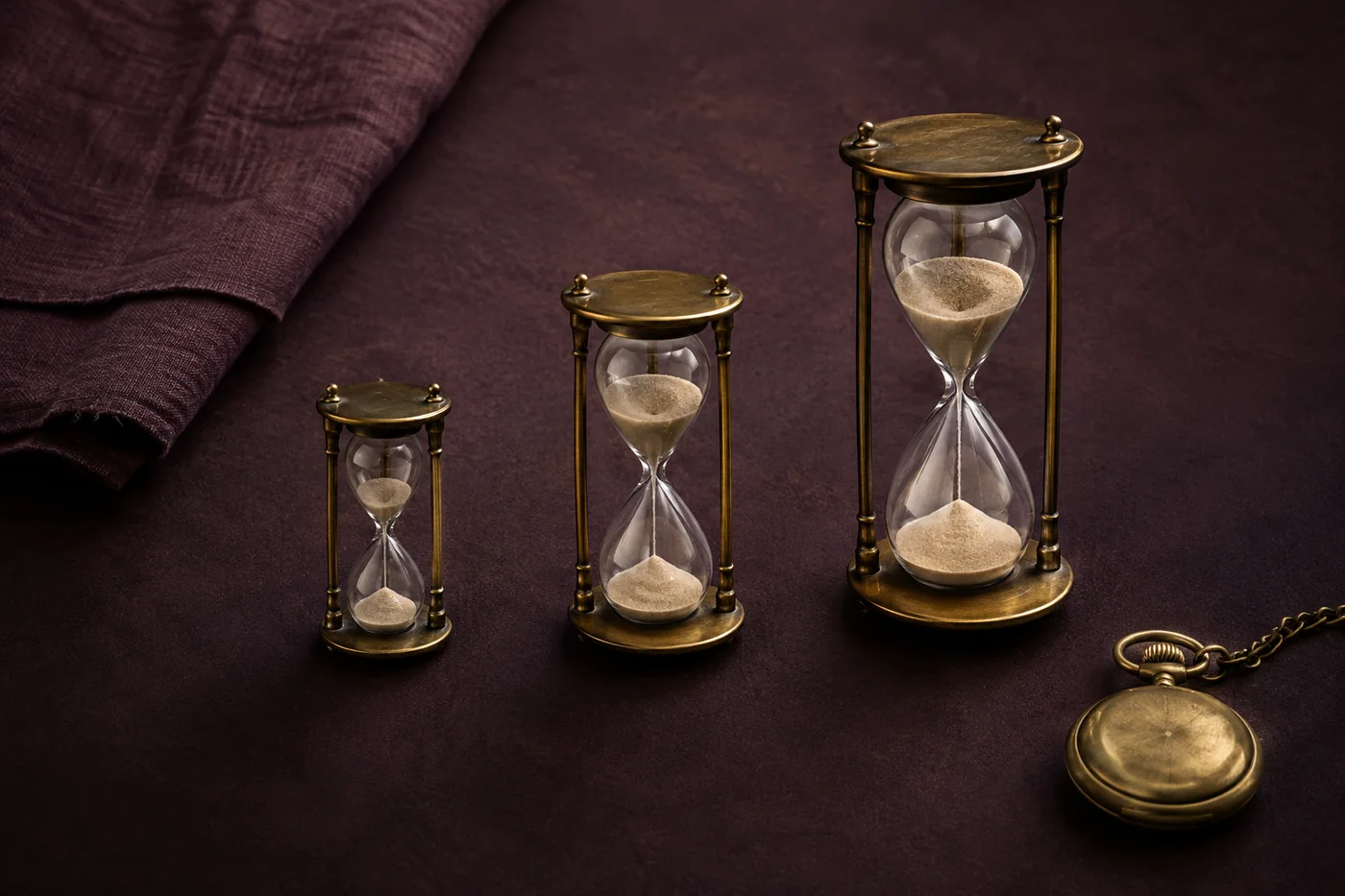 Trois sabliers de tailles croissantes près d’une montre de poche en laiton sur une table violet foncé.